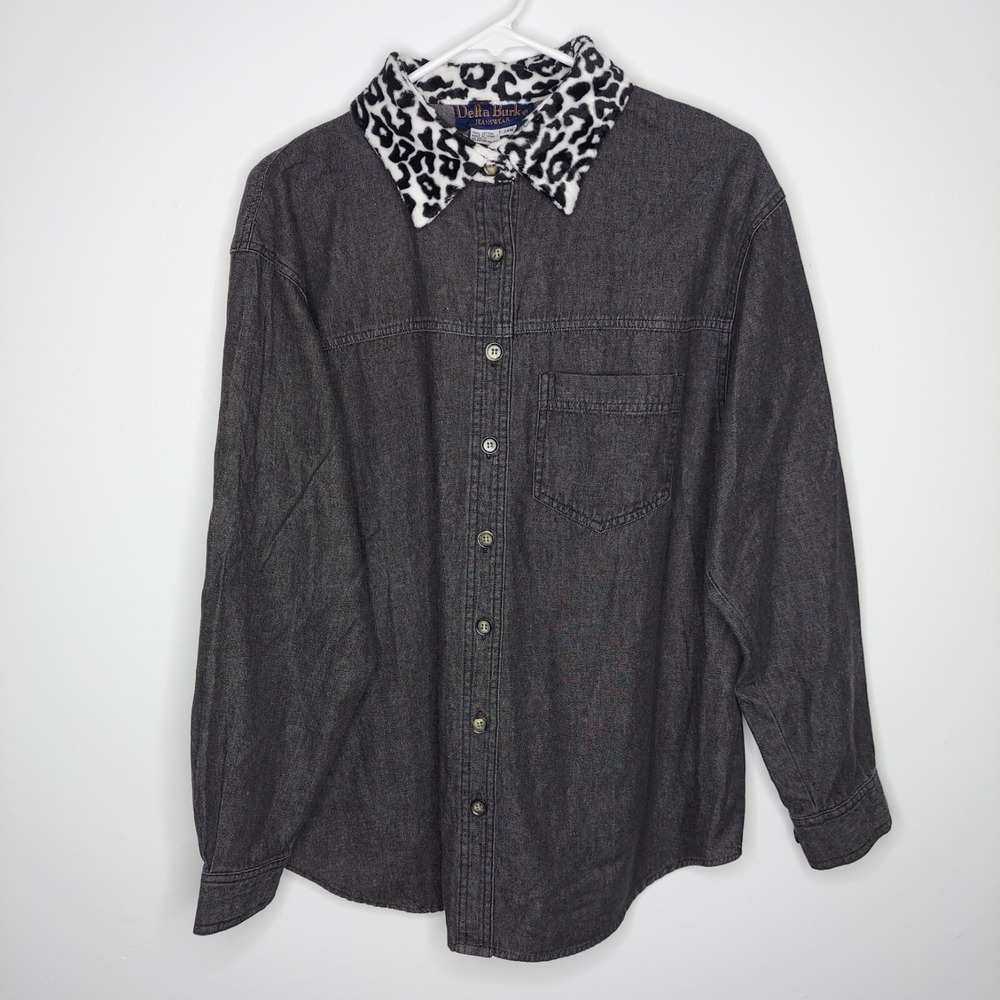 Delta Burke Denim Button Shirt Women 14W Black Faux Fur Collar Vtg Grunge 80s